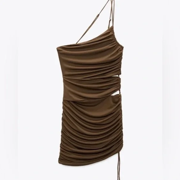 NWOT Zara Brown Asymmetric Draped Cut Out Ruched Mini Dress - Picture 7 of 7